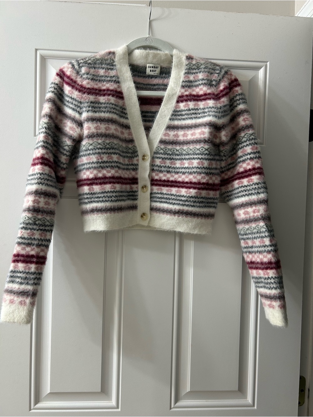 Sunday Best Cream & Pink Patterned Cropped Cardigan Sweater